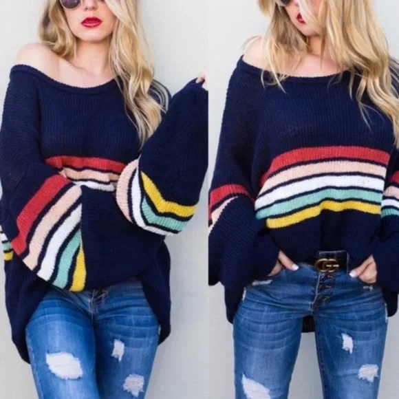 #4 - Cozy Navy Striped Oversized Sweater Top - Picture 1 of 3
